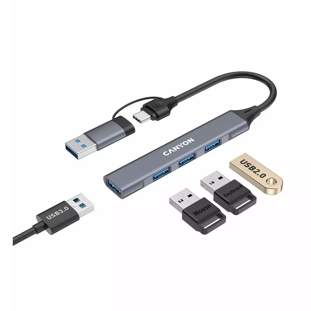 CANYON DS-02 HUB 4-IN-1 USB-A/USB-C TO USB-A X3 GREY 