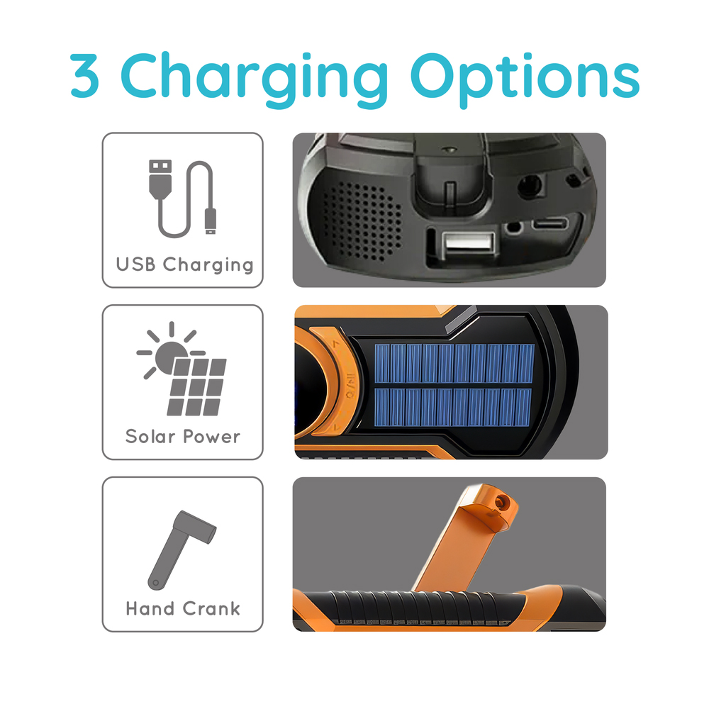 JUST IN CASE EMERGENCY SOLAR POWERED HAND CRANK, RADIO FM, BT, LED FLASHLIGHT, 5000MAH POWERBANK