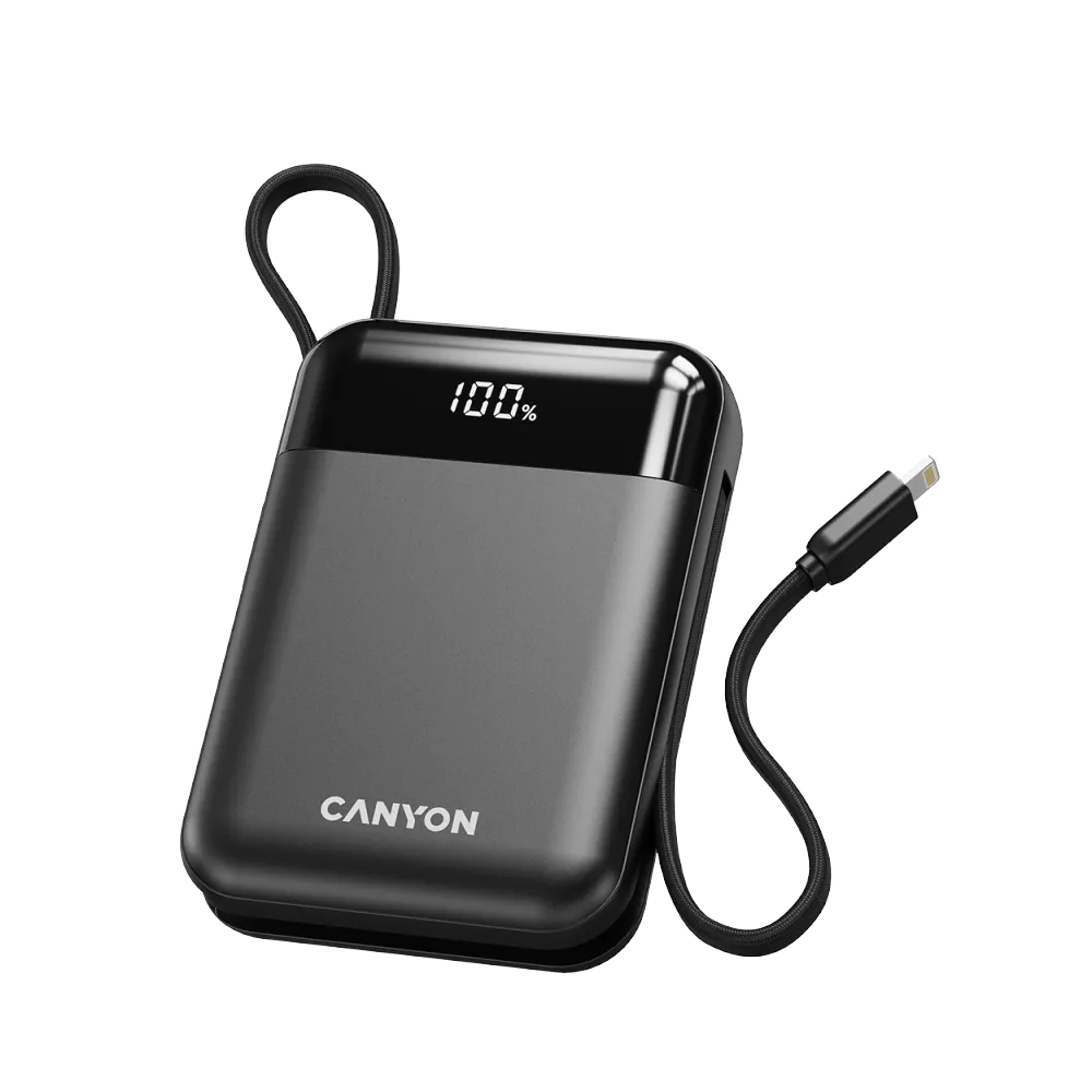 CANYON ONPOWER 104 10000MAH 20W BUILT-IN USB-C & LIGHTNING CABLE BLACK