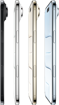 iPhone Air, side exterior, all four finishes, Sky Blue, Light Gold, Cloud White, Space Black, very thin profile, Fusion camera system, buttons: side, Camera Control