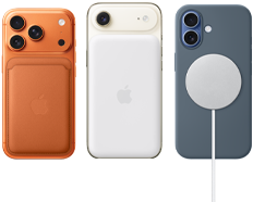 iPhone 17 Pro, back exterior, Cosmic Orange color, with FineWoven Wallet with MagSafe in Fox Orange color; iPhone Air, back exterior, Light Gold color, with Magsafe Battery; iPhone 17, back exterior, Mist Blue color, with Silicone Case in Anchor Blue color and MagSafe Charger